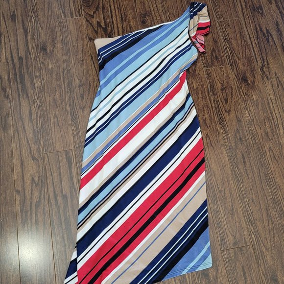 BCBGMaxazria One Shoulder Midi Dress Multicolor Striped Asymmetrical Hem S - Picture 1 of 10